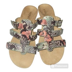 Vionic Women's Multistrap Snake-Print Slide Sandals in Coral, Green & Gray